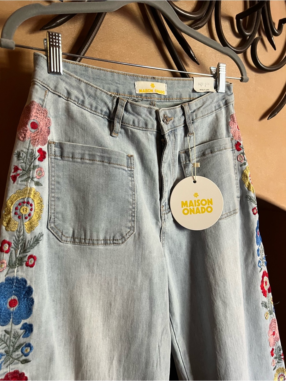 Light Blue Embroidered Wide-Leg Jeans - Picture 3 of 6